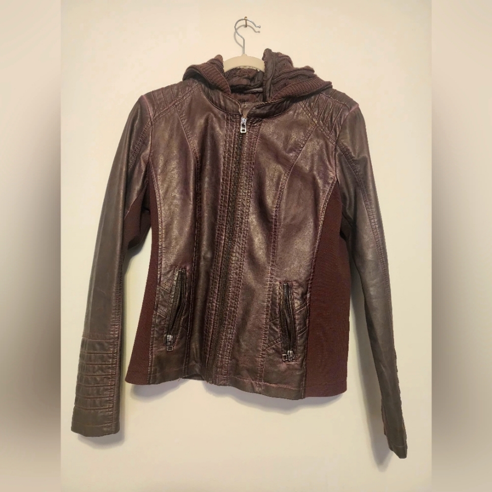 Burgundy Brown Leather Jacket with Hood